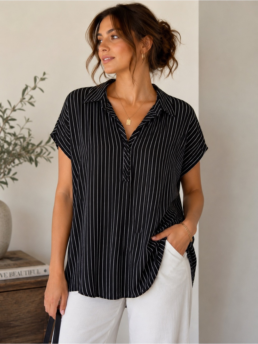 Modern Works Black White Pinstripe Oversized Collared Tunic Top XL